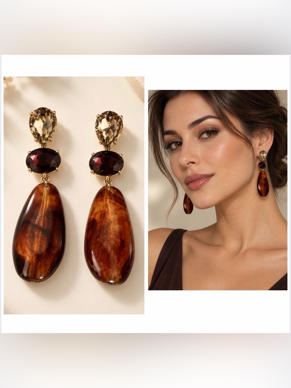 Gold-Tone Brown Amber Ruby Drop Earrings with Faceted Stones
